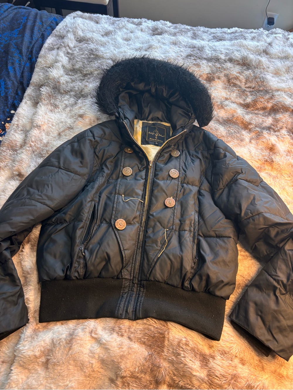 Rare Vintage Y2K Baby Phat Black Quilted Puffer Jacket with Faux Fur Hood